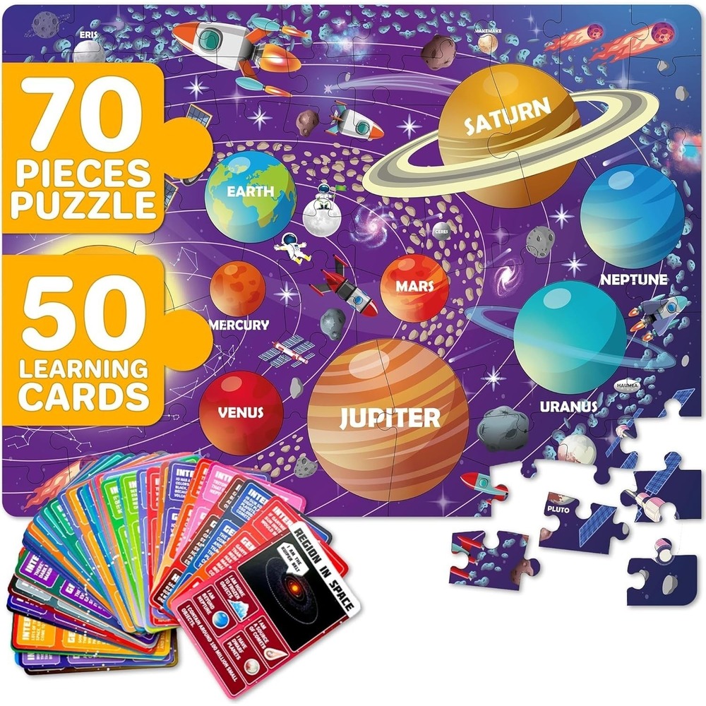 Solar System Puzzles for Kid 70 Pcs Puzzle w/50 space cards w/400 fun facts NEW!